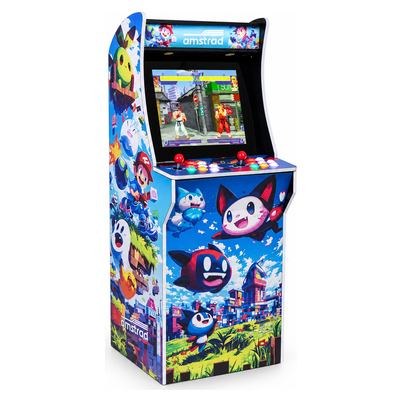Borne d'arcade vue de trois quarts, écran et commandes pour deux joueurs, décor illustré bleu