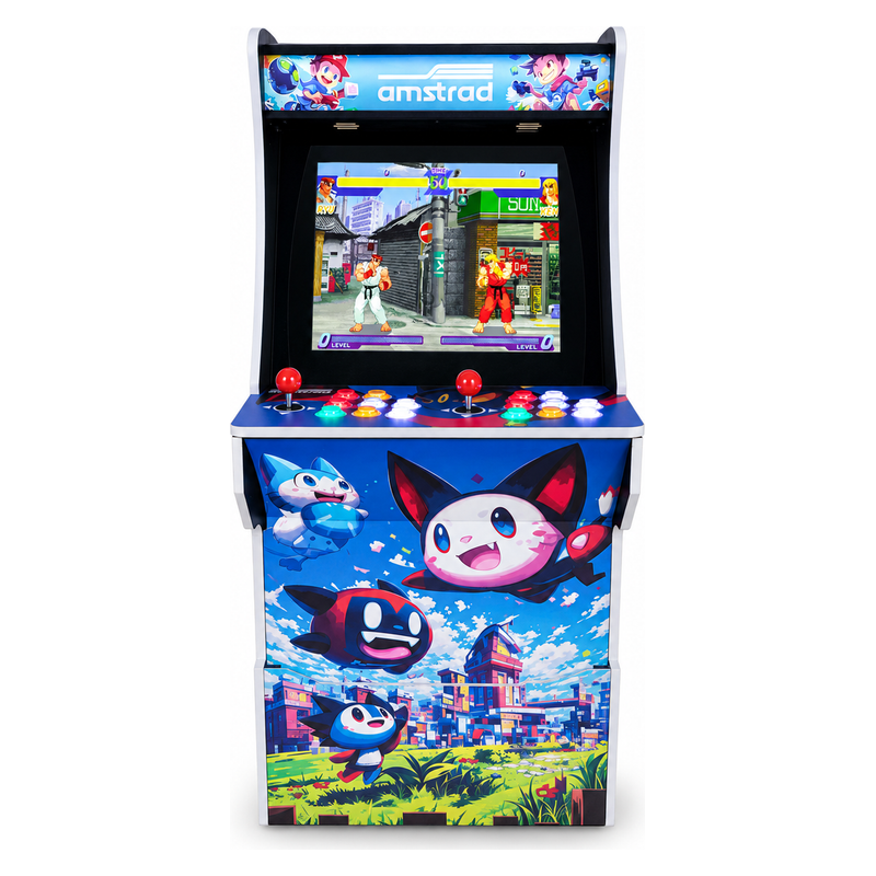Borne d'arcade vue de face, écran, deux joysticks et boutons lumineux