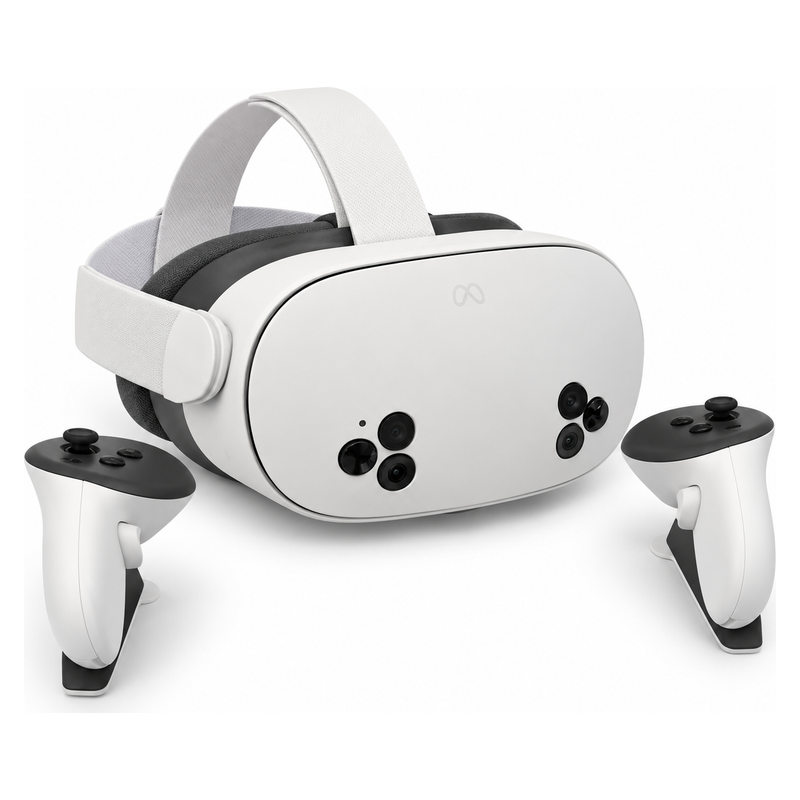 Casque VR Meta Quest 3S vu de trois quarts, visière blanche à capteurs noirs, avec ses deux manettes