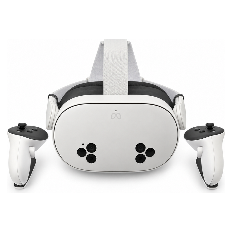 Casque VR Meta Quest 3S vu de face, entre ses deux manettes