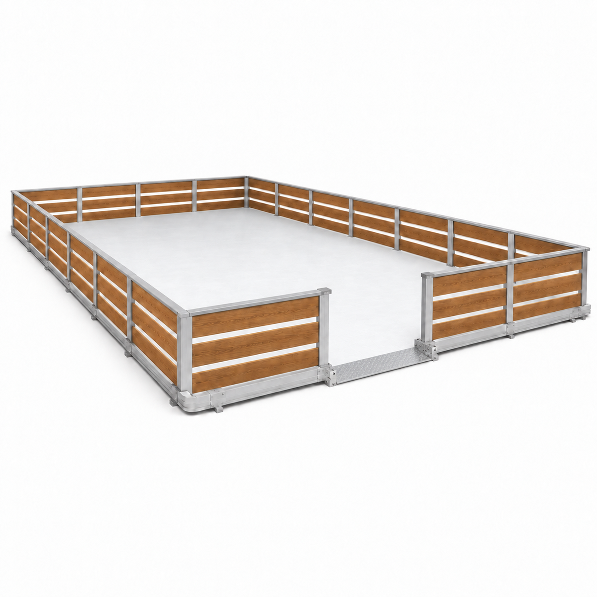 Patinoire synthétique vue de trois quarts, piste blanche entourée de barrières en bois et aluminium