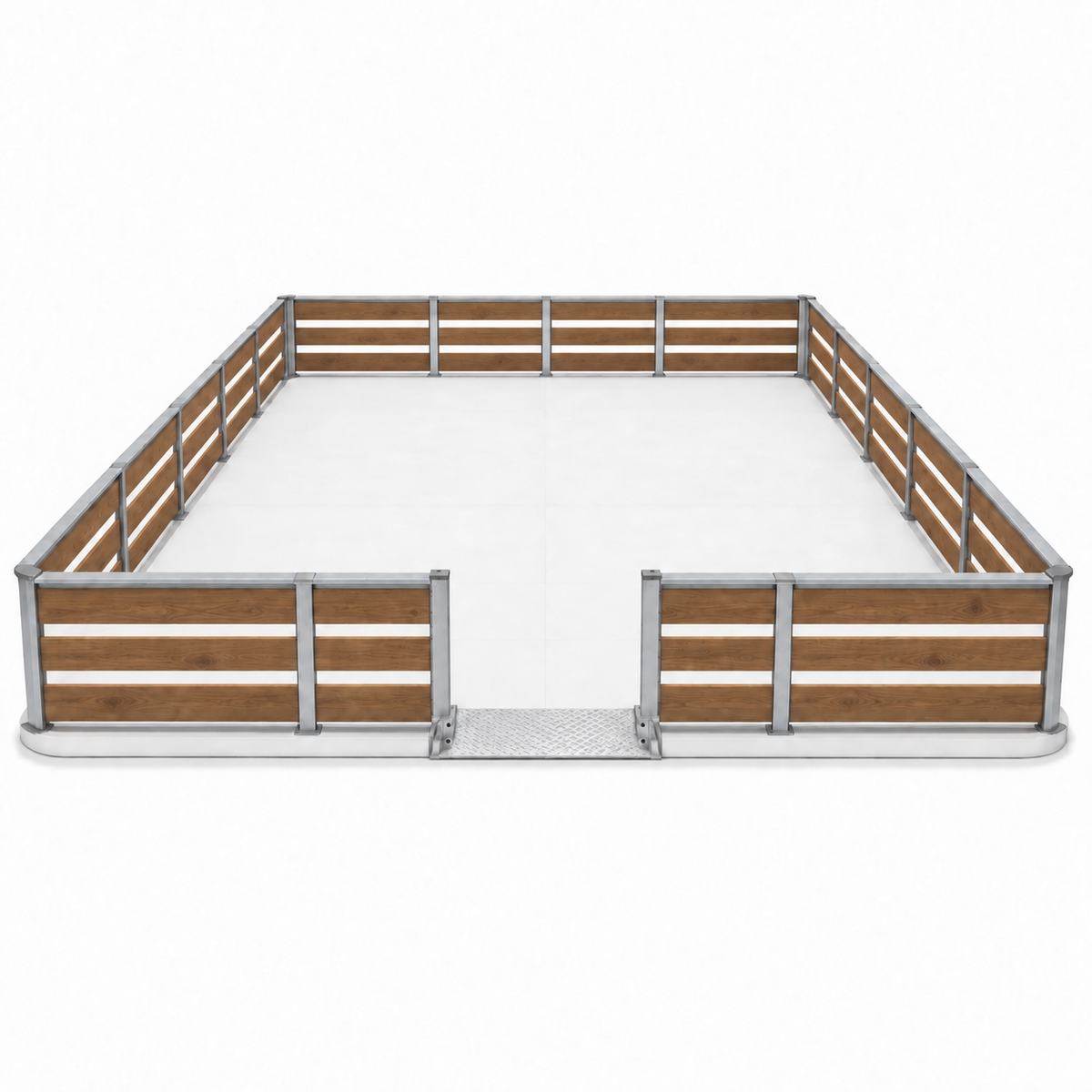 Patinoire synthétique vue de face, avec son entrée par rampe en aluminium