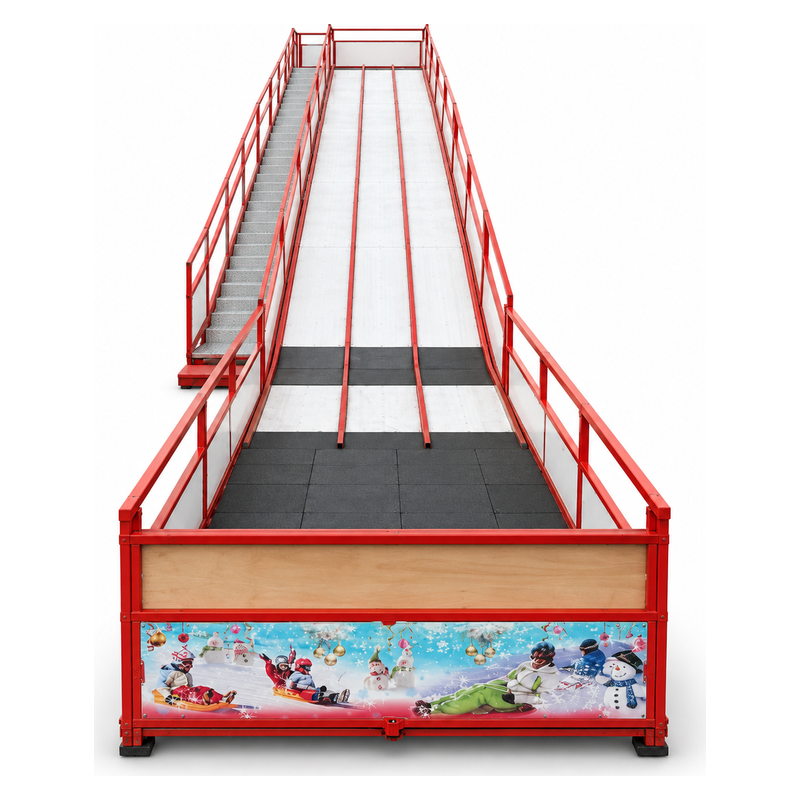 Piste de luge synthétique vue de face, zone d'arrivée au premier plan, trois couloirs et escalier de montée